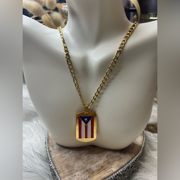 NWT Men's Stainless Steel Puerto Rico Flag Gold Necklace Size 24” =61CM - Picture 2 of 8